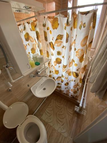 ein Badezimmer mit Toilette und Duschvorhang in der Unterkunft Aparmani i sobe Cvetkovic in Sokobanja