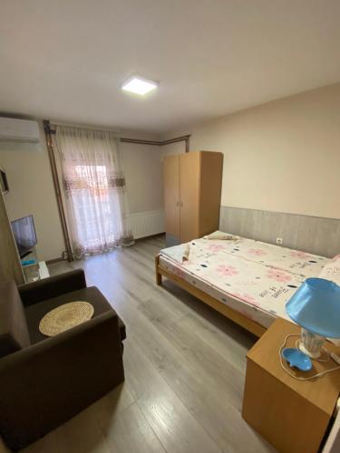 ein kleines Zimmer mit einem Bett und einer Couch in der Unterkunft Aparmani i sobe Cvetkovic in Sokobanja