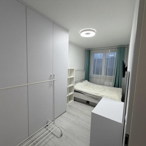 een kleine slaapkamer met een bed en een raam bij Byt 44m2 Ostrava Bělský les in Hrabŭvka