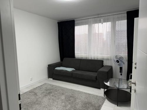 een woonkamer met een bank en een glazen tafel bij Byt 44m2 Ostrava Bělský les in Hrabŭvka