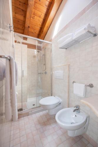 a bathroom with a toilet and a shower and a sink at Agriturismo Roccat in Valdobbiadene