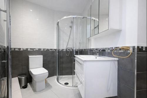 a bathroom with a shower and a toilet and a sink at Central Mayfair 1 Bedroom Apartments 33SGG no lift in London