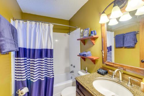 a bathroom with a sink and a shower curtain at Crystal Mountain Resort Cabin: Golf, Hike, Swim! in Thompsonville