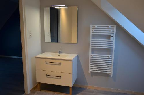un bagno con lavandino e specchio di Gite Clémentine a Baromesnil