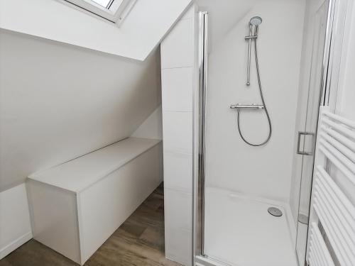 eine Dusche im Bad mit weißen Wänden in der Unterkunft Vert Bocage Briard - Freedomus Marne-la-Vallée in Esbly