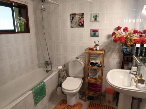 ein Badezimmer mit Badewanne, Toilette und Waschbecken in der Unterkunft Quinta do Olival - Douro Valley in Sande