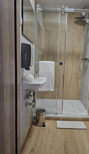 a small bathroom with a sink and a shower at Restauracja i Noclegi Pod Kasztanami in Opole