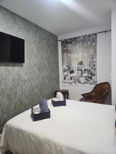 Un dormitorio con una cama con un televisor en la pared. en VOLPI MAZZO, en Madrid