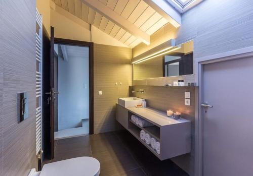 ein Badezimmer mit Toilette, Waschbecken und Spiegel in der Unterkunft Deluxe Villa by White Hills Outdoor Hot Tub in Arachova