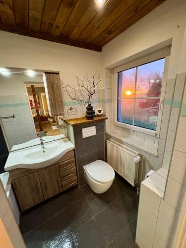 a bathroom with a toilet and a sink and a window at Schnitterkaserne in Schaprode 7B in Schaprode
