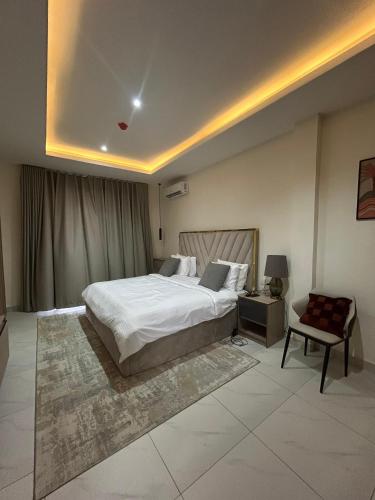 a bedroom with a large white bed and a chair at Apex apartment in Ilado