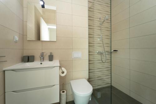 a bathroom with a shower and a toilet and a sink at White Cloud Apartments in Korčula