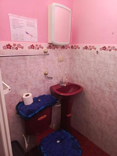 a bathroom with a red sink and a toilet at Fragata in Puerto Baquerizo Moreno