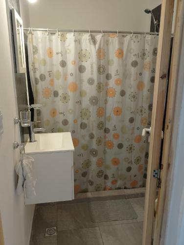 a bathroom with a shower curtain with a sink at Departamento NAMASTE I in Carhué