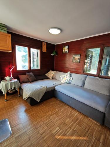 a living room with a couch and a table at WoodHouseDream Jakuzzi in Nazarje