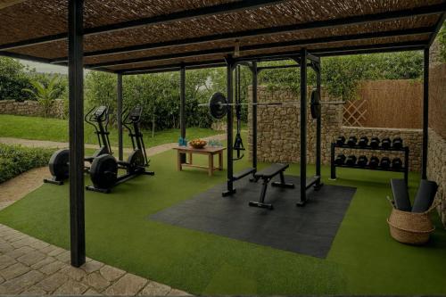 een sportschool met fitnessapparatuur in een tuin bij Regina Hotel in Kissamos