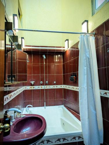 a bathroom with a sink and a bath tub at Hotel Quetzalcóatl in Coatzacoalcos