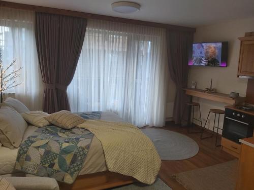 - une chambre avec un lit en face d'une fenêtre dans l'établissement Pirin Golf Cozy Studio, à Razlog