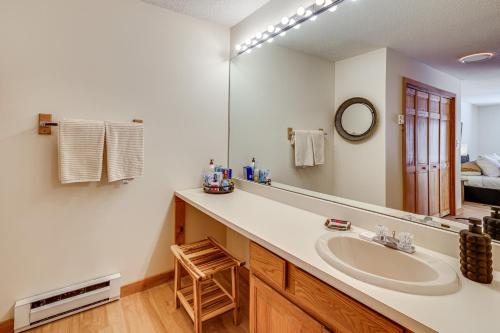 a bathroom with a sink and a mirror at Riverfront Lincoln Condo w/ Patio + Pool Access! in Lincoln