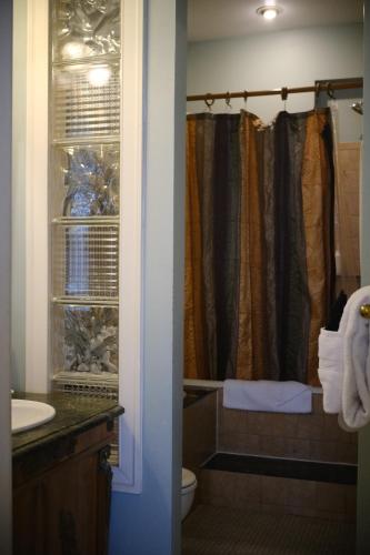 ein Badezimmer mit Toilette und Duschvorhang in der Unterkunft Hotel Tabard Inn in Washington