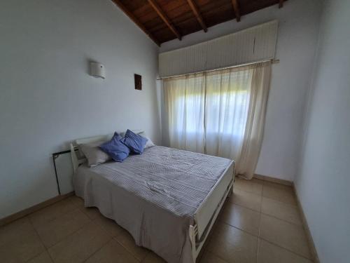 ein Schlafzimmer mit einem Bett mit blauen Kissen und einem Fenster in der Unterkunft Surf House Casa Tony Aloha Host in La Estafeta