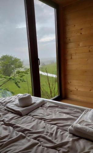 a bed in a room with a large window at Koliba Relax Point in Potoci