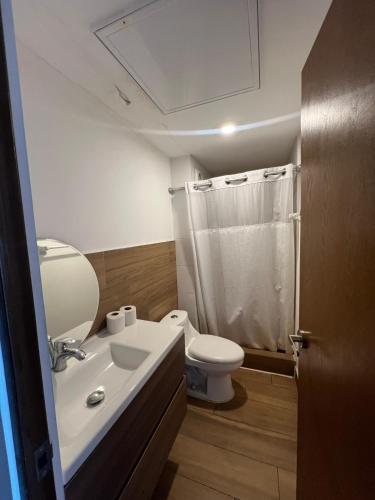 a bathroom with a sink and a toilet and a shower at Penthouse en Centro de Monterrey in Monterrey