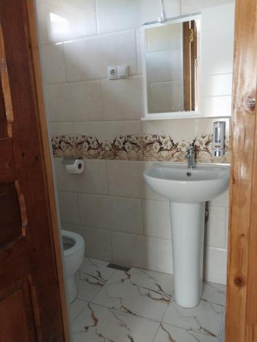 een badkamer met een wastafel en een toilet bij Guest house Keria in Tsʼageri