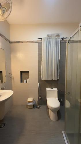 a bathroom with a toilet and a sink and a shower at Tribal Lodge in Karachi