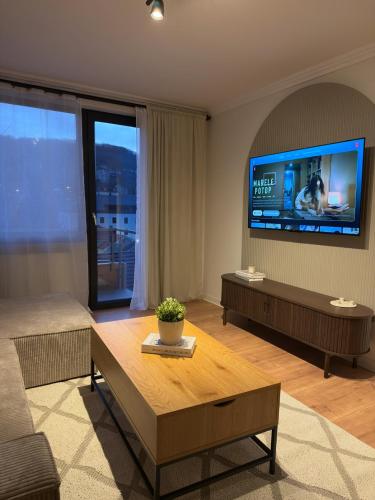 un soggiorno con una TV, un divano e un tavolo di Cozy Central View a Reşiţa