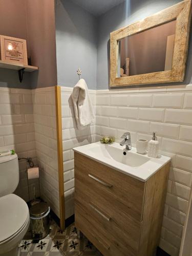 un bagno con lavandino, WC e specchio di La Casa de Monica ad Aracena