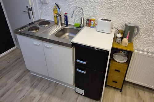a small kitchen with a sink and a counter top at Finkenwerder Ferienwohnung Larisa's Nr 23 in Hamburg
