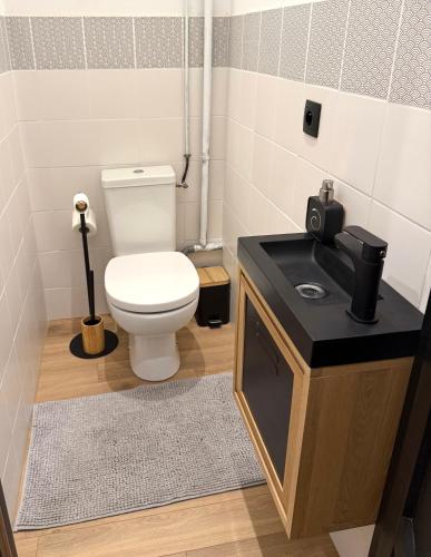 une salle de bains avec des toilettes blanches et un lavabo dans l'établissement La Chouette, à Dijon