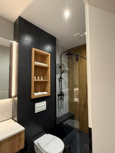a bathroom with a toilet and a shower at Elmax Aparthotel in Craiova