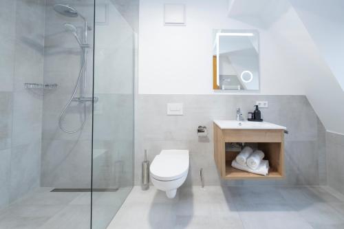 een badkamer met een douche, een toilet en een wastafel bij Waldhotel Hohe Sonne in Eisenach