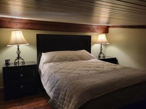 a bedroom with a large bed with two lamps at Boulderwoods Cabin in Speedwell