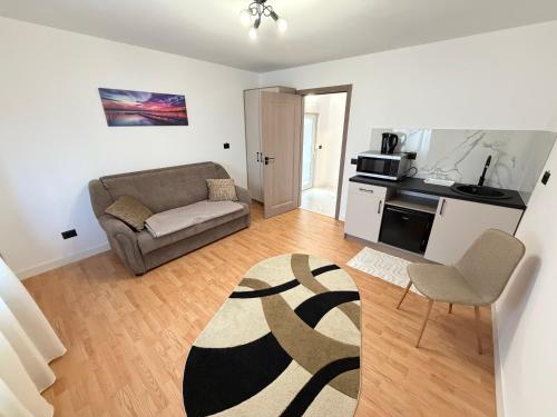 un soggiorno con divano e cucina di Camera Family Suceava a Ipoteşti