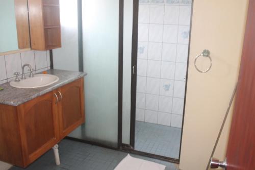 a bathroom with a shower and a sink at Shalini Garden Hotel & Apartments in Singatoka