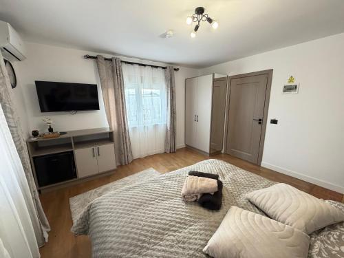 En eller flere senge i et værelse på Cameră dublă cu baie privată externă