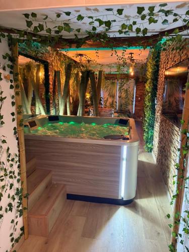 a bar in a restaurant with a green counter at Jungle Room in Perpignan