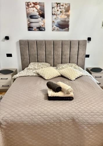 a bed with a towel and pillows on it at Cameră dublă Suceava in Ipoteşti