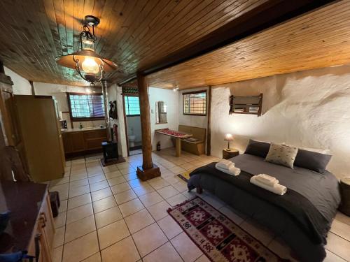 een slaapkamer met een groot bed en een badkamer bij Magical Forest Cottage Escape! in Hogsback