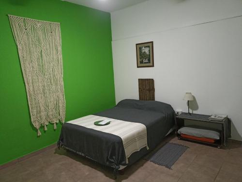 a green bedroom with a bed and a window at Residencial Villalobos in Eldorado