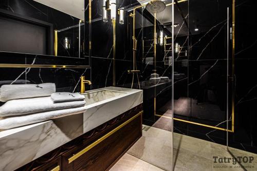 een badkamer met een wastafel en een glazen douche bij TatryTop Giewont House in Kościelisko