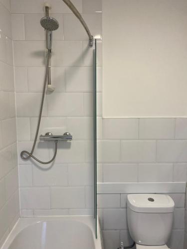 ein weißes Badezimmer mit Dusche und Toilette in der Unterkunft Duncan - 2Bdrm Sleeps 5 Good for Contractors in Gateshead