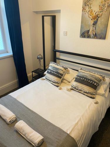 ein Schlafzimmer mit einem großen Bett mit Kissen darauf in der Unterkunft Duncan - 2Bdrm Sleeps 5 Good for Contractors in Gateshead