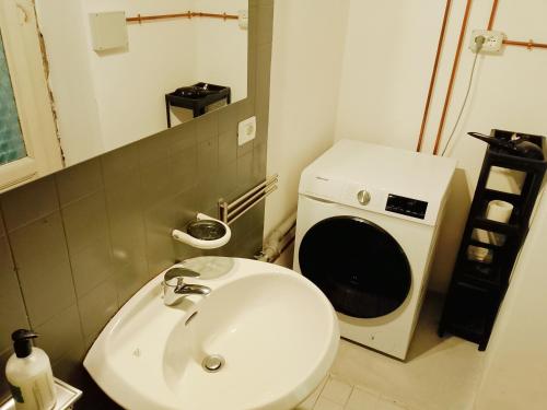 een badkamer met wastafel en wasmachine bij Appartamento Teatro Duse in Bergamo