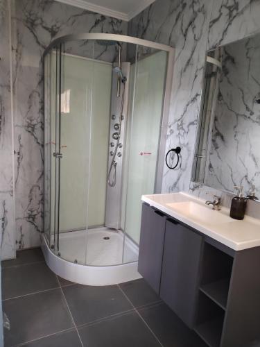 a bathroom with a shower and a sink at Lodge De Paradies in Quilpué