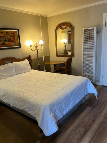 a bedroom with a bed and a mirror and a table at Lariat Motel in Sparks