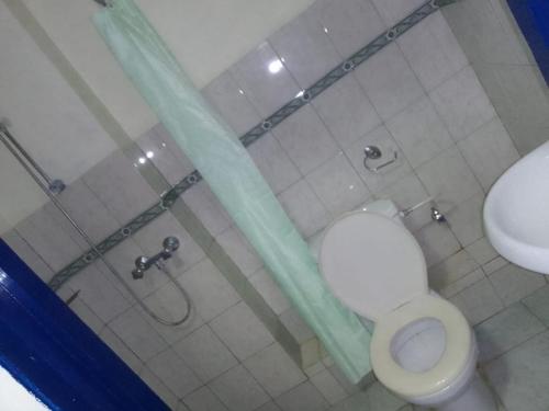 a bathroom with a shower with a toilet in it at Goldenwesthotelcasino in Nieuw Nickerie